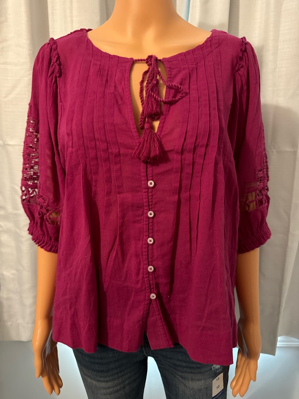 Cute Free People size M raspberry pink button up tassel tie shirt new